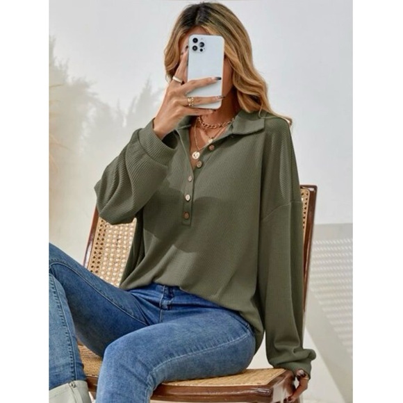 SHEIN Tops - SHEIN Half Button Drop Shoulder Waffle Knit Tee | Size Small